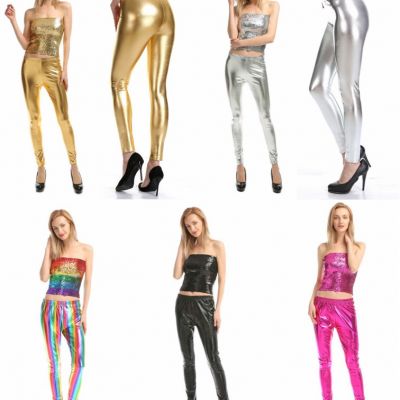 ADULT WOMENS SHINY METALLIC WET LOOK LIQUID STRETCH FOOTLESS LAME LEGGINGS PANTS